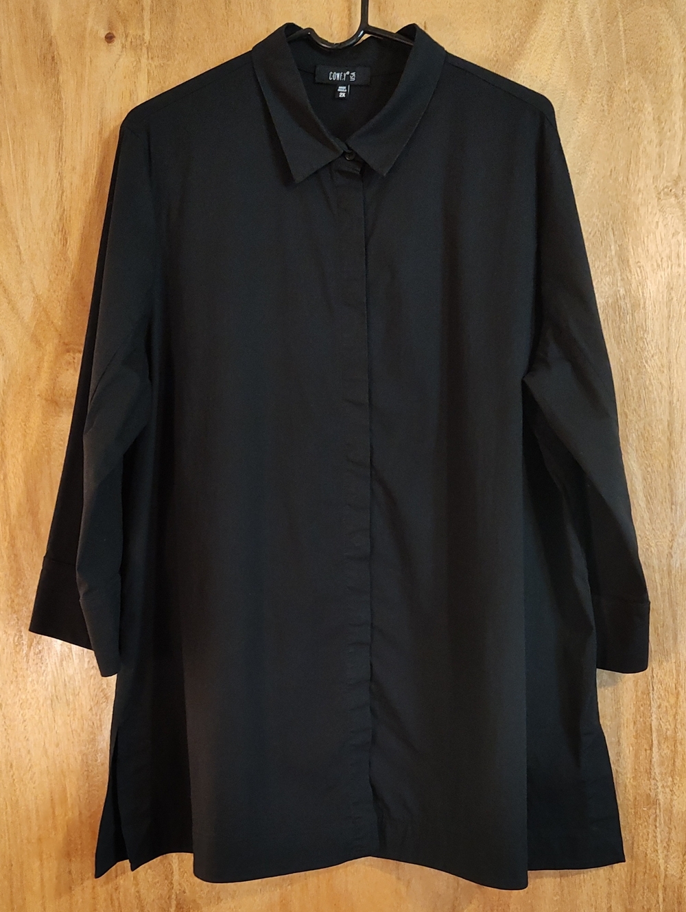 Comfy USA Womens Lagenlook Shirt Black Collared ¾-Sleeve Stretch Cotton Size 2X